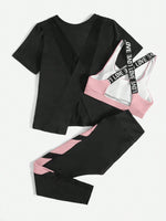 3 pezzi Set sportivo contrasto lettera a nastro color block orlo asimmetrico