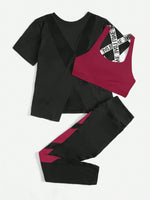 3 pezzi Set sportivo contrasto lettera a nastro color block orlo asimmetrico