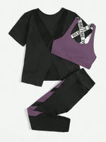 3 pezzi Set sportivo contrasto lettera a nastro color block orlo asimmetrico